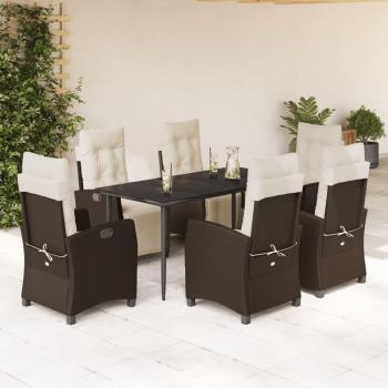 7-Piece Brown Poly Rattan Garden Dining Set with Cushions