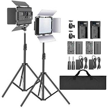 Neewer 2-Pack 2,4G LED Luz Video con Soporte de 2M Bicolor 600 SMD CRI 94 + Soporte en U Barndoor Pantalla LCD Kit Iluminación de Video con Carcasa Metal para Fotografía Estudio