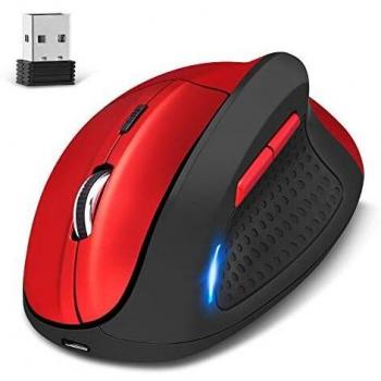 KINGTOP Ratón Vertical Ergonómico Recargable Modo Dual con Cable e Inalámbrico para PC Ordenador Portátil - 4800 dpi, 5 Botones, Rojo