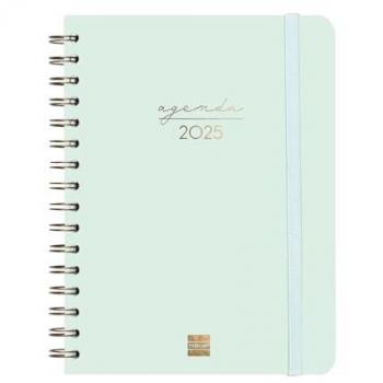 Agenda Finocam ALMA Menta A5 15,5 x 21,2 cm 2025, espiral doble, semana vista horizontal, multilingüe, enero a diciembre