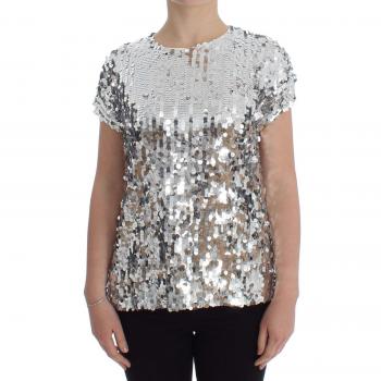 Dolce & Gabbana Silver Sequined Crewneck Blouse T-shirt Top - IT42, Female, Gray, Size: S