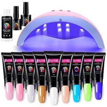 Juego de uñas Polygel, Kit de gel de poliuretano con lámpara UV/LED de 54W 9 colores Capa superior y base de esmalte de uñas y solución antideslizante para diseño de uñas