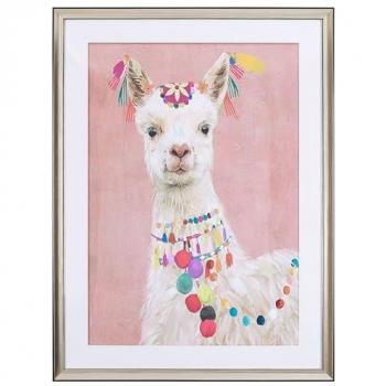 Cuadro Enmarcado Infantil Llama Rosa con Marco de Latón 60 x 80 cm Boho Balala