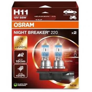 OSRAM Night Breaker 220 H11 Halogen Headlight Bulbs - 220% Brightness, Long Beam Power (2-Pack)