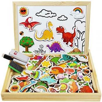 COOLJOY 118 Piezas Puzzles de Madera Magnético, Pizarra Magnética Rompecabezas para Niños 3 4 5 Año ect, Pizarra Magnética Rompecabezas, Tablero de Dibujo de Doble Cara Juguete Educativo（Dinosaurios）