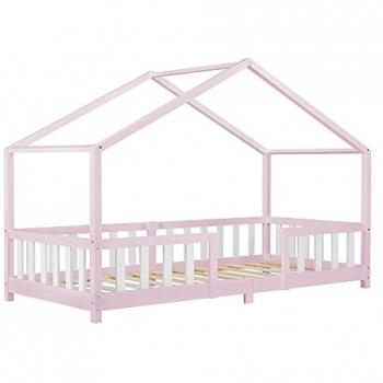 Cama Infantil Treviolo 90x200 cm en Forma de Casa con Barandilla Protectora, Rosa y Blanco Mate
