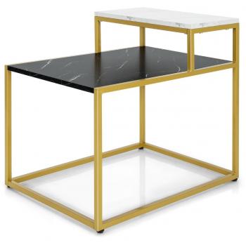 Mesita Auxiliar con 2 Niveles y Falso Mármol, Mesita de Noche con Repisa, Mesita Lateral Forma de Escalera, Blanco, 61 x 45.5 x 56 cm, E