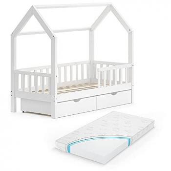 Cama en forma de casa Wiki, Blanco, 80x160 cm con cajones y colchón Vitalispa