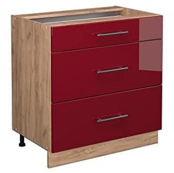 Mueble Bajo de Cocina Fame-Line, Rojo Burdeos Alto Brillo, 80 cm con 3 Cajones, Sin Encimera Vicco