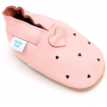 Dotty Fish Zapatos de Cuero Suave para bebés. Antideslizante. Pequeños Corazones Rosados. 0-6 Meses