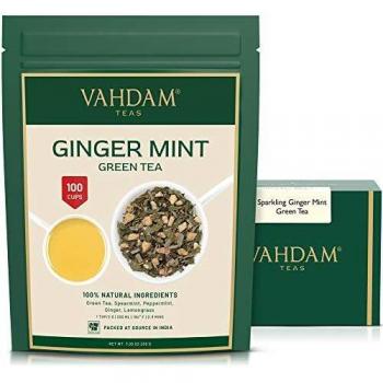 VAHDAM, hojas sueltas de té verde menta espumante de jengibre