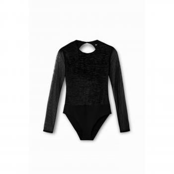 Desigual Women's Black Marl Long Sleeve Body with Transparent Tulle Sleeves and Hook Button Fastening