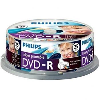 Philips 4.7GB DVD-R Blanks, 120 Minutes Video, 16x High Speed Recording, Inkjet Printable - Pack of 25