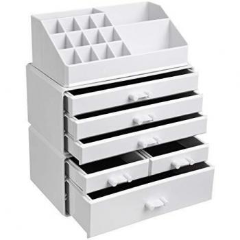SONGMICS Organizador de Maquillaje Acrílico Grande, Caja de Cosméticos Apilable con 6 Cajones, para Paleta, Cepillo, Base de Maquillaje, Lápiz Labial, Esmalte de uñas, Blanco JKA009WT