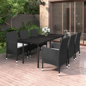 7-Piece Garden Dining Set with Cushions in Poly Rattan and Glass