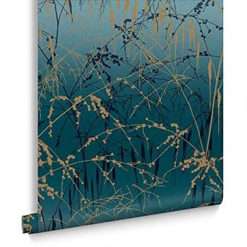 Clarissa Hulse Gypsophila Metallic Floral Wallpaper Navy Blue/Golden 1,000cm L X 52cm W
