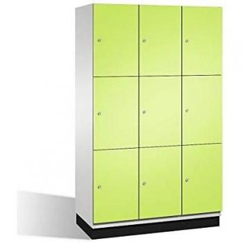 Armario de Compartimentos Bajo Llave Cambio C+P - 3 Departamentos, Acabado Gris Claro y Verde, Puertas de Acero, Dimensiones 1200 mm, 9 Compartimentos
