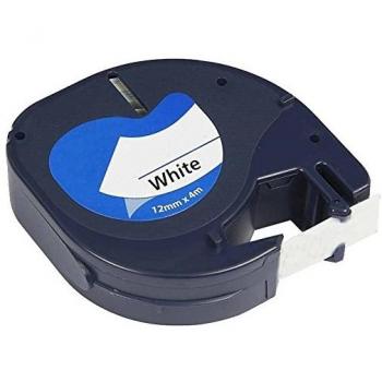 Cinta de Etiquetas Genérica Compatible con Dymo LetraTag S0721510 para Rotuladora - Texto Negro sobre Fondo Blanco - Ancho 12mm x Longitud 4 metros