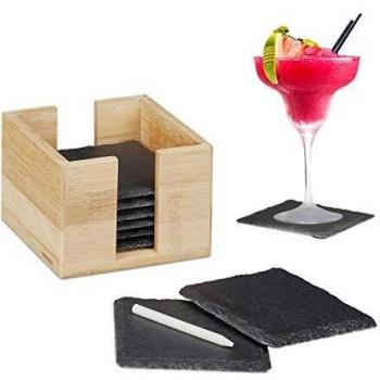 Set de 8 posavasos de pizarra con caja de bambú y tiza para escribir, cuadrados de 10x10 cm