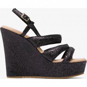 Sandalias de cuña negras con glitter y plataforma para mujer