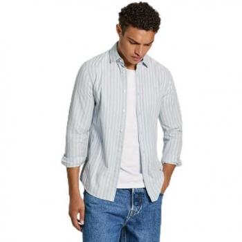 Camisa de Hombre Slim Fit Pepe Jeans Marius Azul con Estampado de Rayas, Manga Larga, Algodón