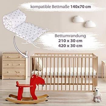 cojin protector cuna - chichonera bebe cuna Blanco con estrellas grises 180 x 30 cm