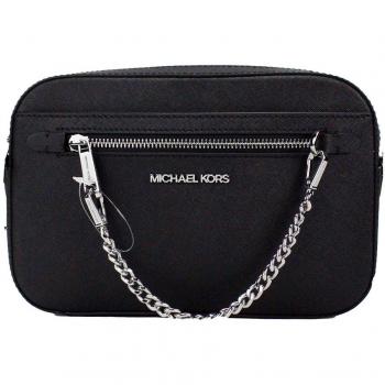 Michael Kors Jet Set East West Large Black Leather Zip Chain Crossbody Bag