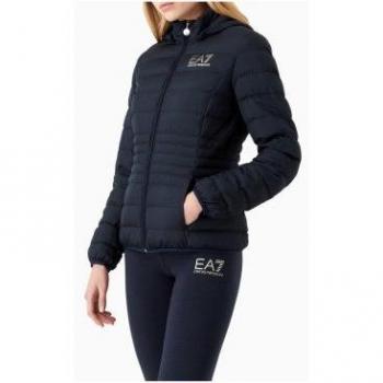 Chaqueta de plumas plegable Core con capucha para mujer EA7 Emporio Armani en color marino y negro, talla XXS