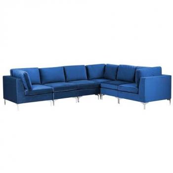 Sofá Esquinero Componible Evja Azul Marino Terciopelo 6 Plazas con Patas de Metal Plateado Estilo Glamour