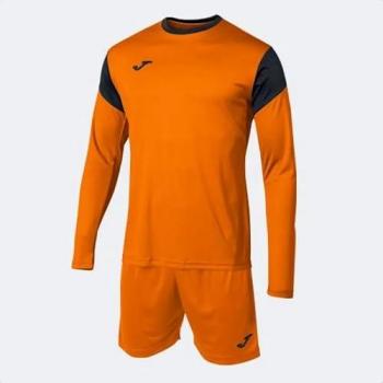 Set de Portero Joma Phoenix GK Naranja Negro, incluye camiseta de manga larga, pantalones cortos, fabricado en 100% poliéster, tecnología de secado rápido y ajuste cómodo