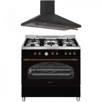 Combo Pack Cocina Gas Profesional Negra Rústica 90cm + Campana Extractora Negra Rústica 90cm - Solthermic