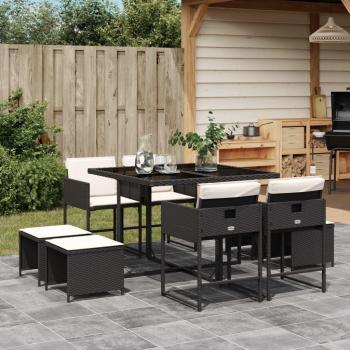 9-Piece Black Poly Rattan Garden Dining Set with Cushions