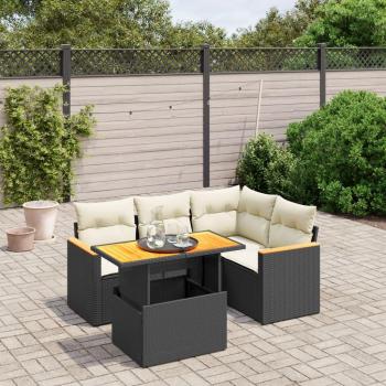 5-Piece Black Poly Rattan Garden Sofa Set with Cushions