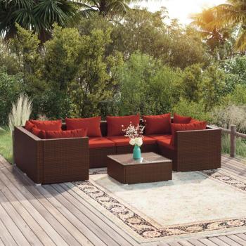 7-Piece Brown Poly Rattan Garden Lounge Set with Cushions