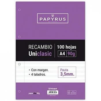 Unipapel Recambio de Hojas con Pauta 3,5 mm, 90 g, con Margen, 4 Taladros, Paper, Blanco, A4, 100