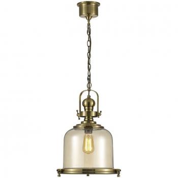Lámpara colgante Riley Single Medium Bell 1 bombilla E27 latón antiguo / cristal coñac