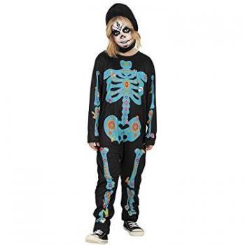 Disfraz Infantil de Esqueleto Catrina con Pegatinas para Halloween, Carnaval y cumpleaños, incluye jumpsuit impreso y gorro, talla 8-10 años