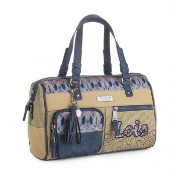 Lois - Bolso Tipo Bowling con Doble asa y Bandolera Adicional. Cierre con Cremallera. 2 Bolsillos Exteriores. Base Reforzada. con Llavero. Lona y Piel sintética - Polipiel 92631, Color Beige