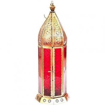 Estilo marroquí en la parte superior del techo en forma de farol con un acabado en de cristal rojo, 12 cm x 12 cm x 31 cm, juego de 2