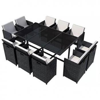 11-Piece Outdoor Dining Set with Cushions in Black Poly Rattan