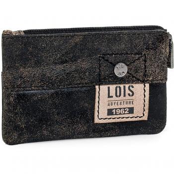 Lois - 12502 Cartera Monedero Billetero Tarjetero Unisex de Piel Genuina con Cremallera y Llavero. Compartimento Externo con Cremallera, Color Negro