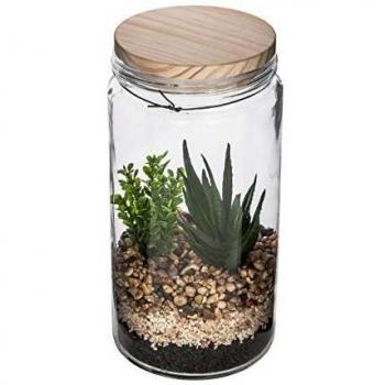 Terrario con Planta Artificial en Vaso de Vidrio y Tapa de Madera - Altura 22 cm - Modelo 1