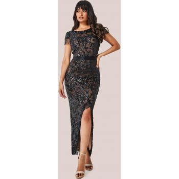 Goddiva Tassel Split Maxi Dress - Black