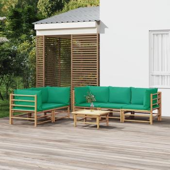 6-Piece Bamboo Garden Lounge Set with Green Cushions