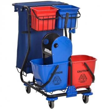 Carro de Limpieza Homcom con Bolsa de Basura Doble, Cubo de 18 Litros, Escurridor de Prensa, 2 Cubetas Auxiliares, Dimensiones 93x80x97 cm, Color Ro
