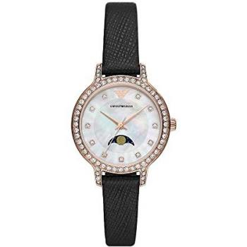 Reloj para Mujer Emporio Armani AR11514, Movimiento de las fases de la luna, caja de acero inoxidable reciclado (al menos 50%) de color oro rosa de 32 mm con correa de piel, Negro y blanco per