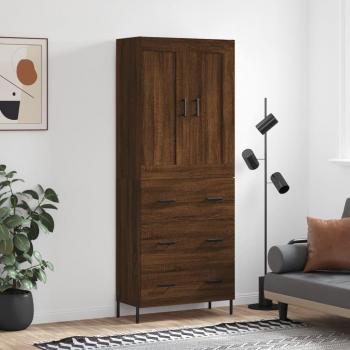 Aparador alto de madera contrachapada marrón roble 69,5x34x180 cm con 3 cajones, mueble de almacenaje para salón, buffet y armario auxiliar