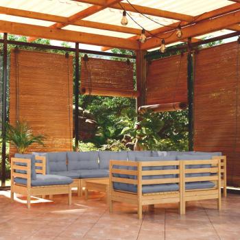 10-Piece Solid Pinewood Garden Lounge Set with Gray Cushions