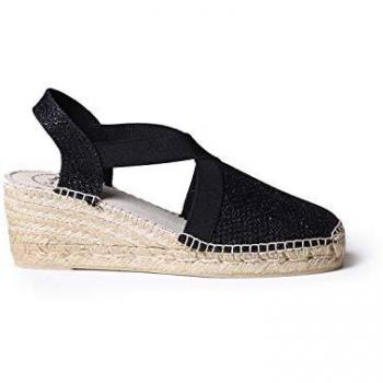 Toni Pons Triton Alpargatas de cuña para Mujer en Tejido Brillante Negro con elásticos, Talla 39 EU