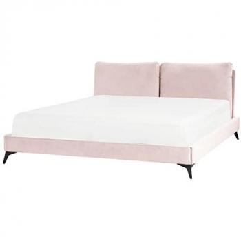 Cama Super King Size Rosa de Terciopelo con Cabecera Acolchada y Base con Listones 180x200 cm Modelo Melle